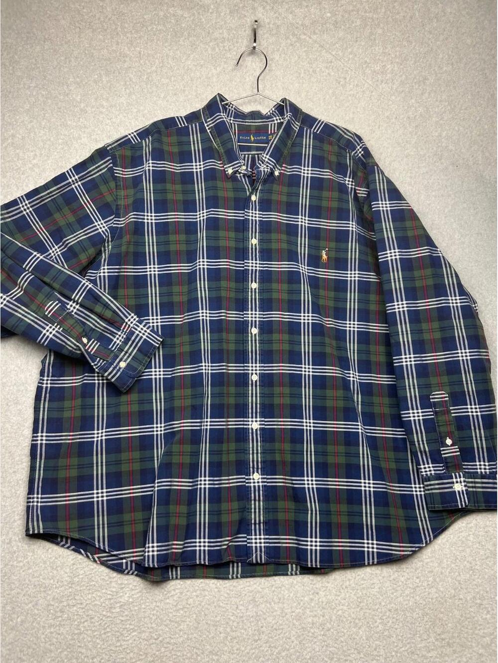 Ralph Lauren Shirt Mens 4XB Big Tall Blue Green Plaid Oxford Cloth Flesh Pony
